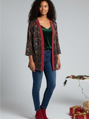 Vintage Floral Jewel Tone  Holiday Season Jacquard Open Cardigan w Burgundy Trim